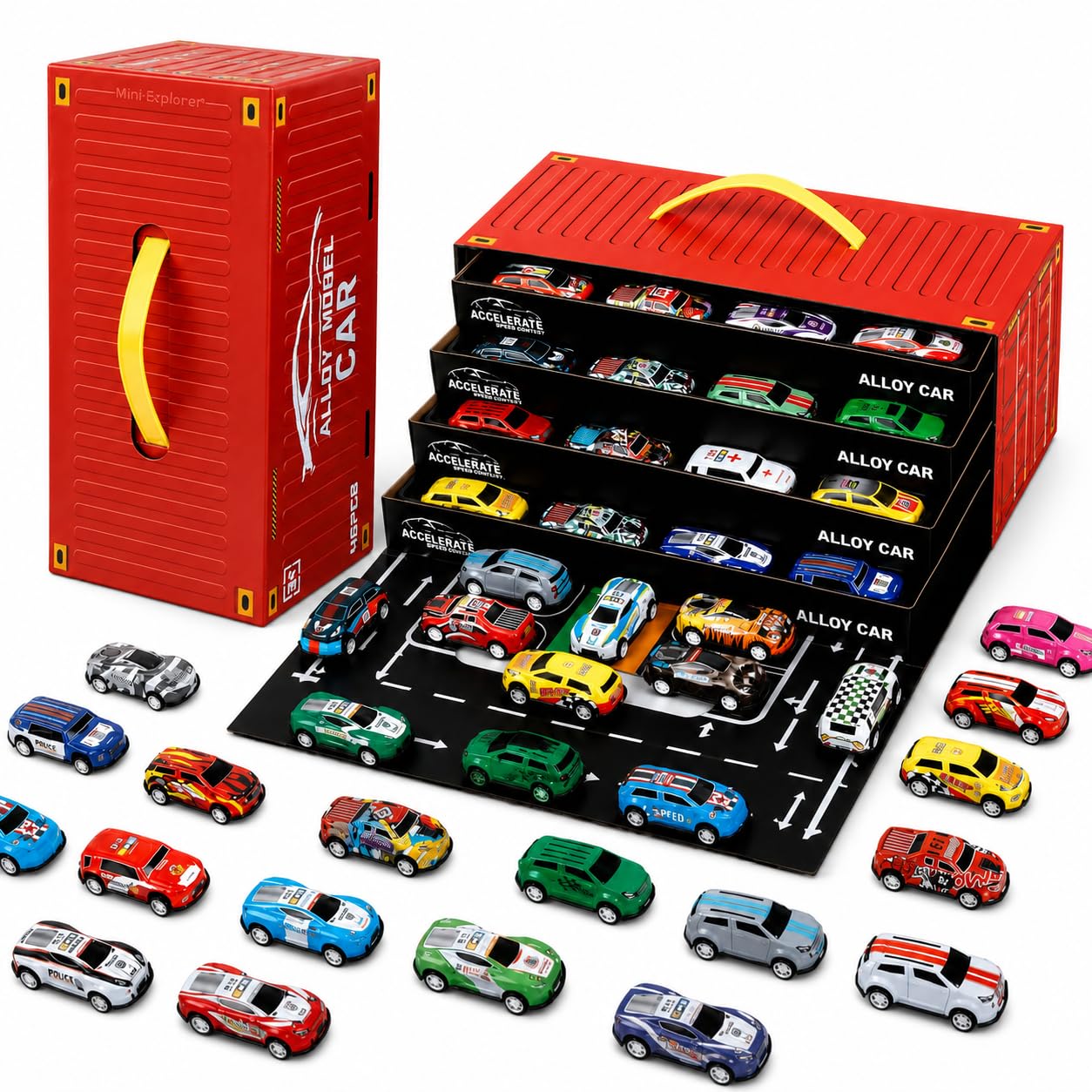MiniExplorer 48 Pcs Pull Back Cars Set for Kids | Racing Toy Cars Bulk Pack with Storage Container & Play Mat | Mini Alloy Vehicle Set for Boys & Girls 3-8 Years | Return Gifts, Party Favors