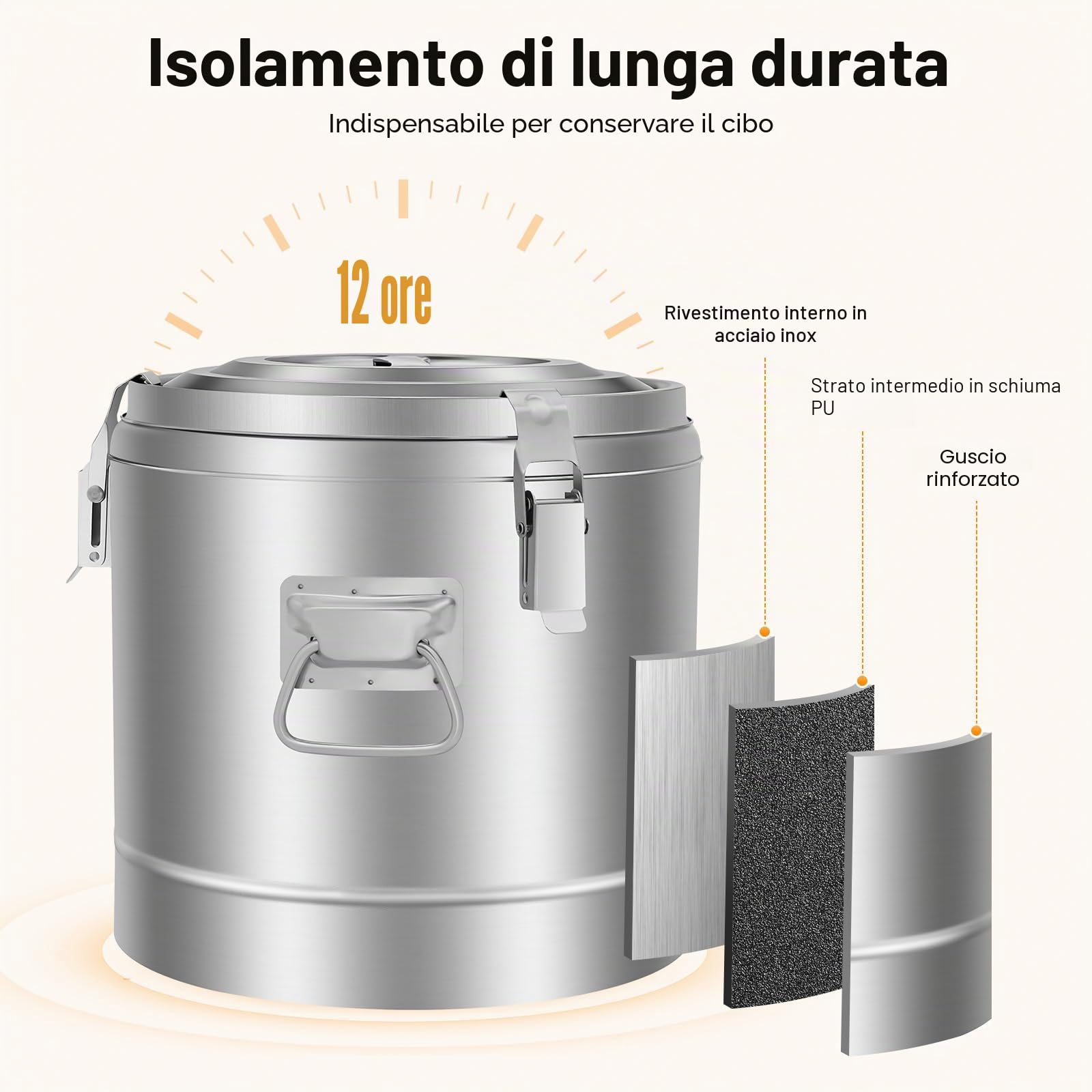 Contenitore termico da 10 l, in acciaio inox, contenitore ermetico per alimenti, isolato, con coperchio e clip di chiusura, trasportatore di zuppa isolato con manici laterali
