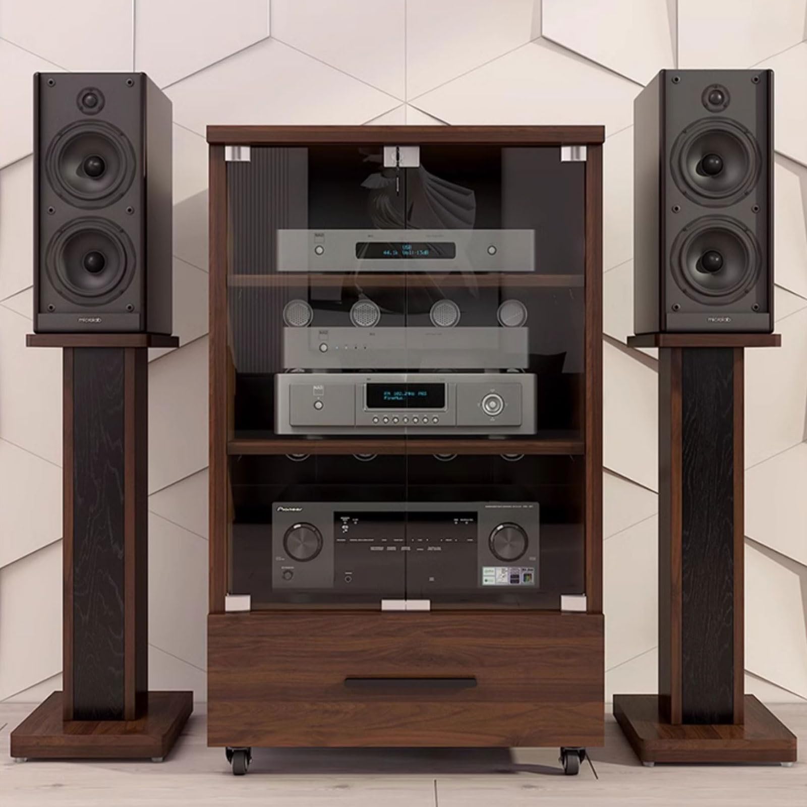 Support de console multimédia en bois massif avec porte en verre, support audio et vidéo sur roulettes, tiroirs de rangement pour salon, chambre à coucher, bureau – Armoire de lecteur de disques