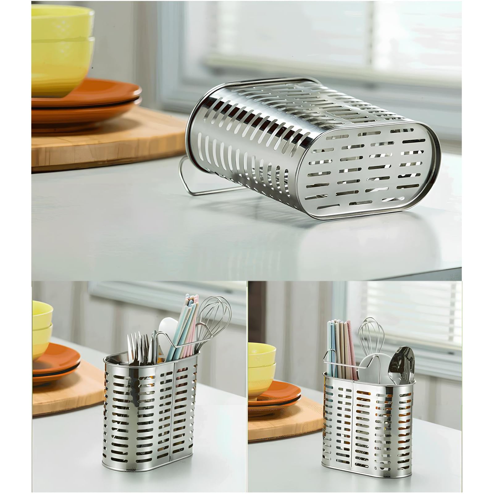 Suuwwn Porta Utensili da Cucina, 2 Pcs Porta Posate Scolaposate, Portaposate da Tavola, Scola Posate, per Riporre Bacchette, Coltelli, Forchette, Ecc. in Acciaio Inossidabile Argento