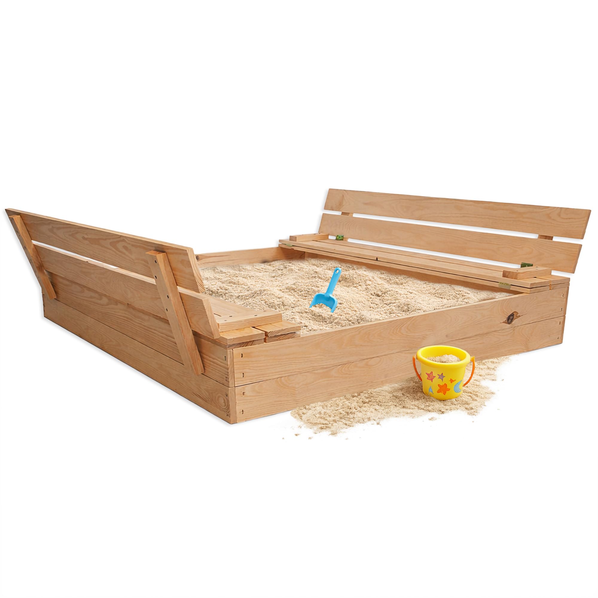 MG Design Caja de Arena para niños 120 x 120 cm – con Bancos Plegables y Tapa, Sandbox Madera Exterior jardín, cajón de Arena Infantil