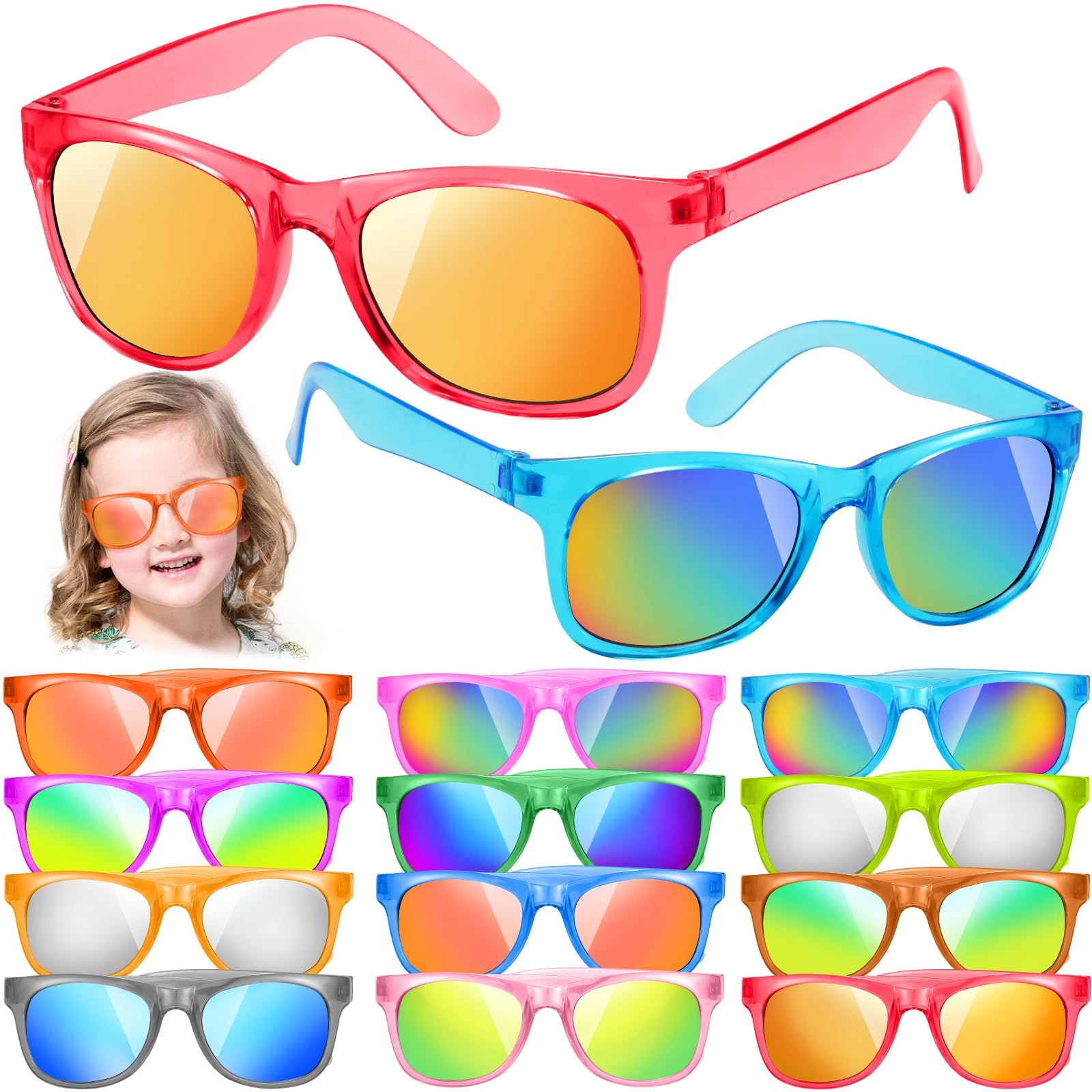 12 Pack Kids Sunglasses Hawaiian Party Favors with UV400 Protection, 12 Colors Neon Sunglasses in Bulk for Boys Girls Birthday, Beach, Summer Pool
