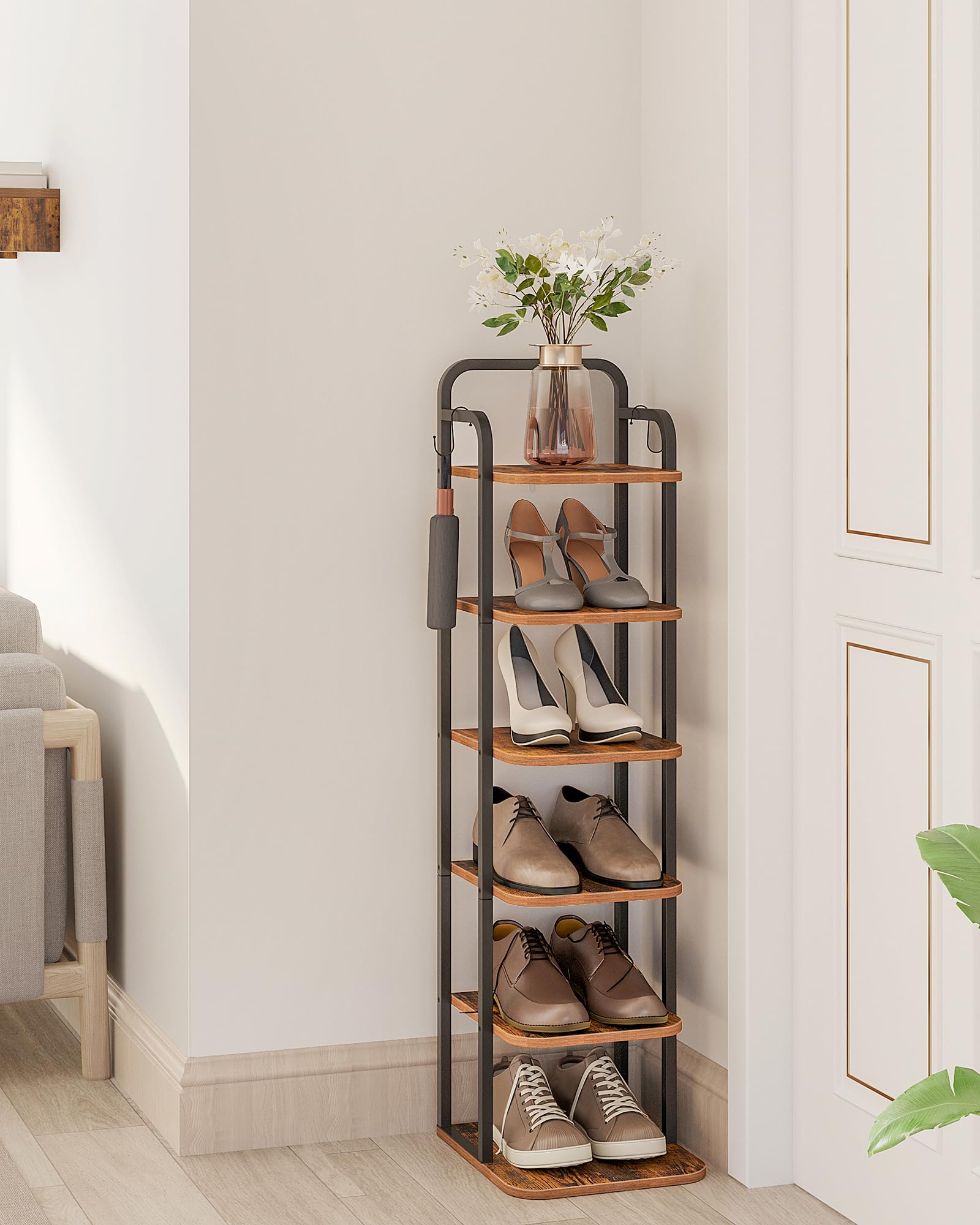 Hzuaneri Vertical Shoe Rack, Shoe Shelves,Wood Shoe Organizer for Closet, Entryway, Shoe Tower for Small Spaces,Free Standing, with 2 Hooks,Rustic Brown and Black,6 Tier(26.5Wcm) SR04201B — image 1