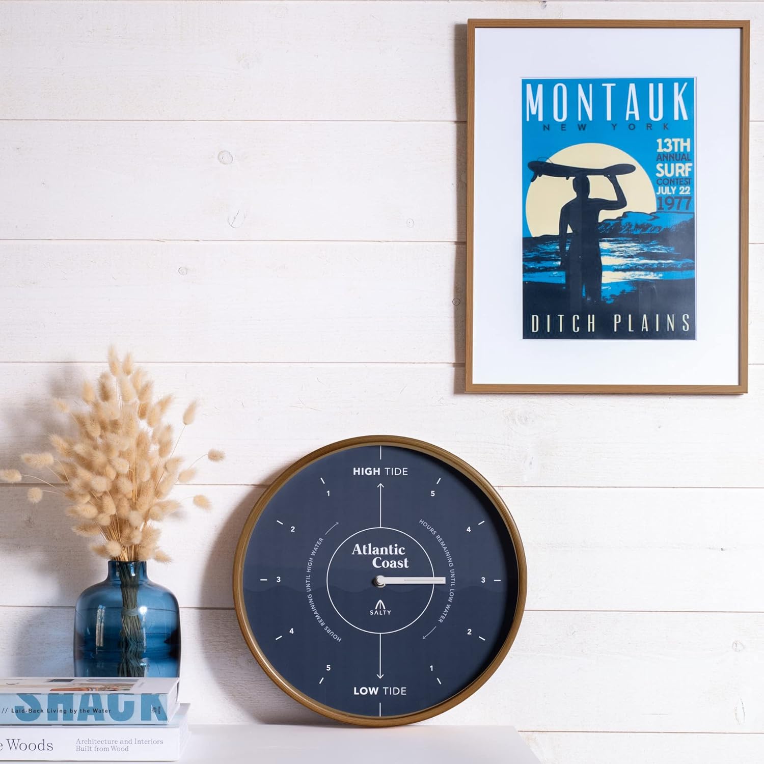 SALTY Home - Tide Clock - Coastal Decor - 12.2Inch Wall Clock - Premium Wood Dial - Silent Clock Movement - Quartz Mechanism - Battery Operated - Atlantic Coast Classic Blue