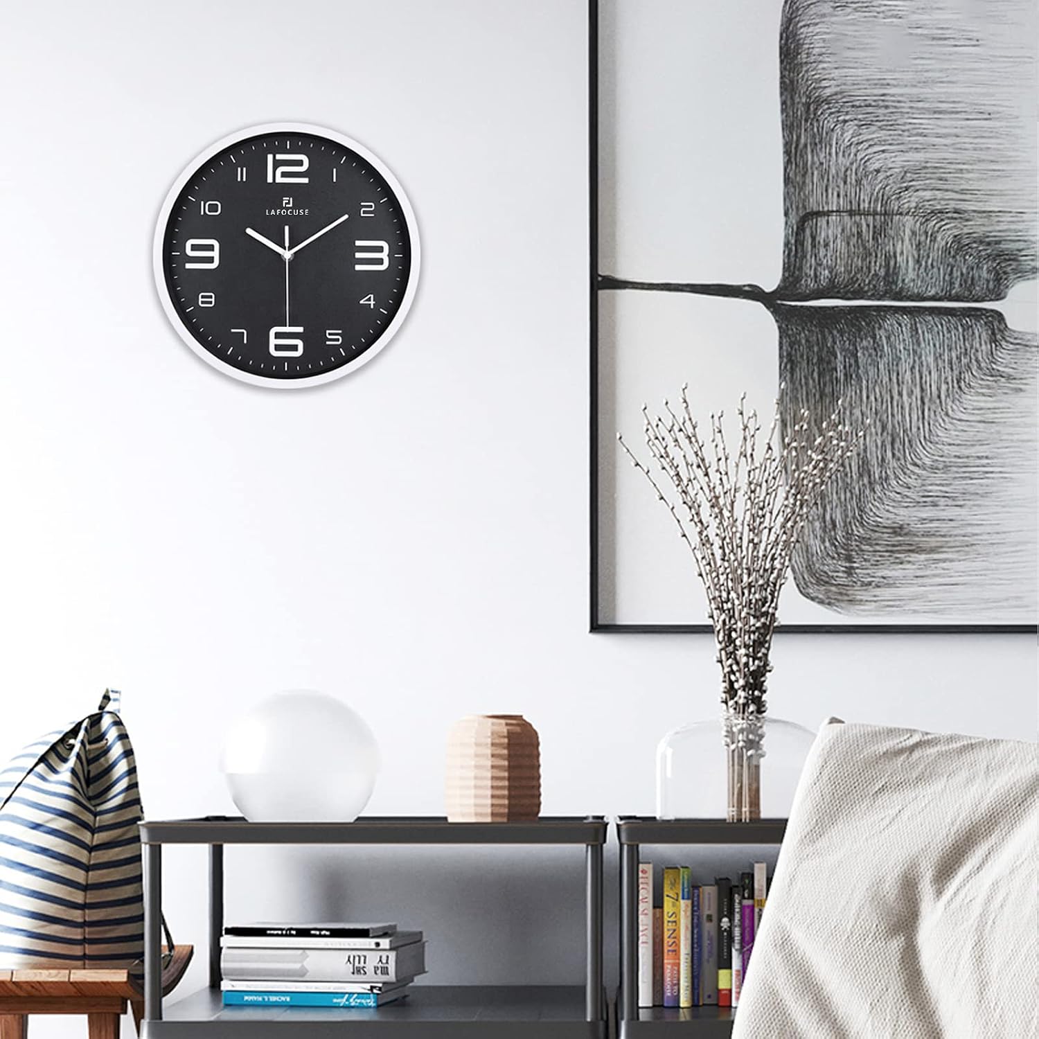 Lafocuse 12 Inch 3D Numbers Black Wall Clock for Living Room Decor, Modern Kitchen Wall Clock Battery Operated Silent Non-Ticking Bedroom Home Office