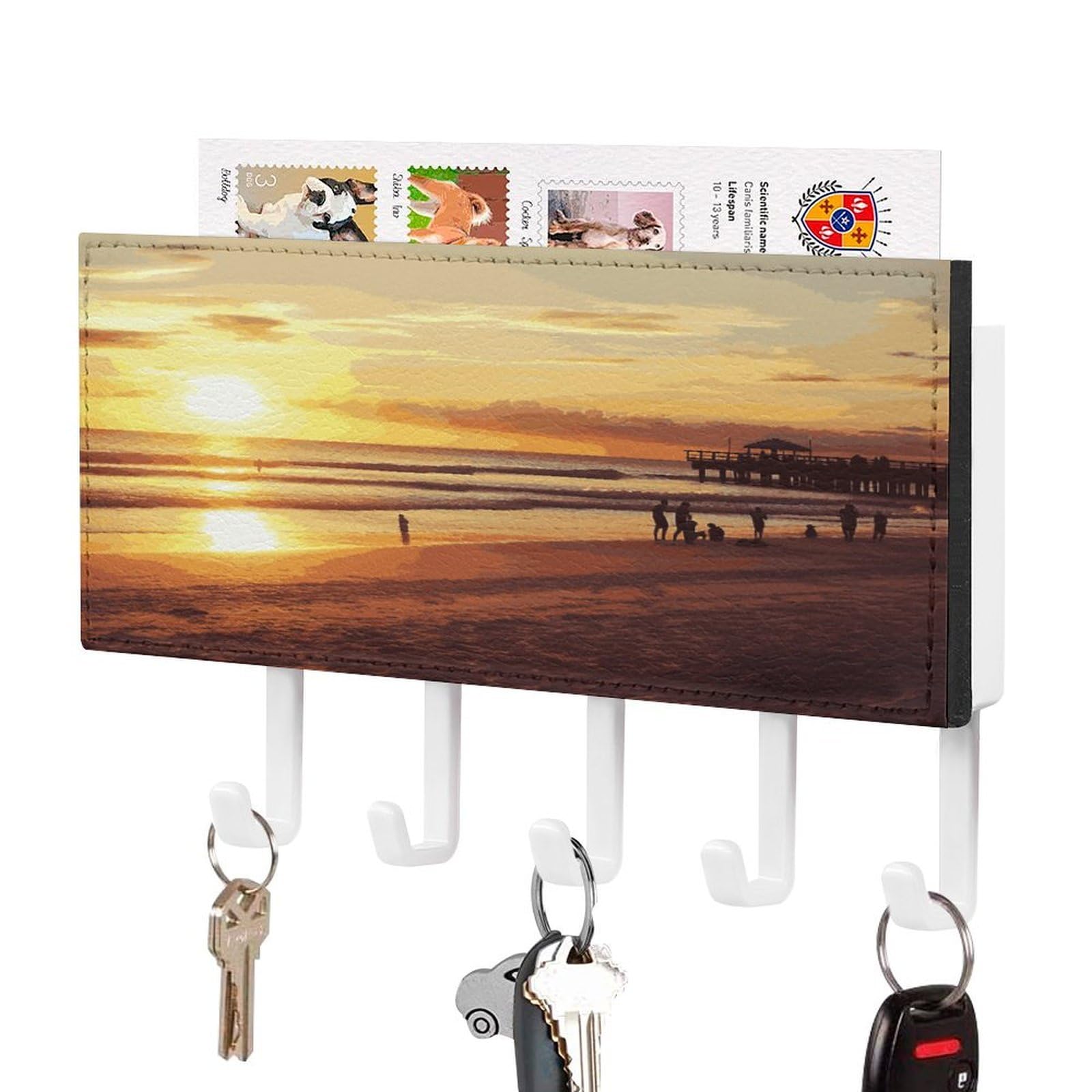 Fekiloot White-Style Sunset Beach Key Holder Wall Mount Decorative Key And Mail Holder Pu Key Rack With 5 Hooks Key Hanger Organizer Decorative Home Decor For Wall For Entryway Office Living Room
