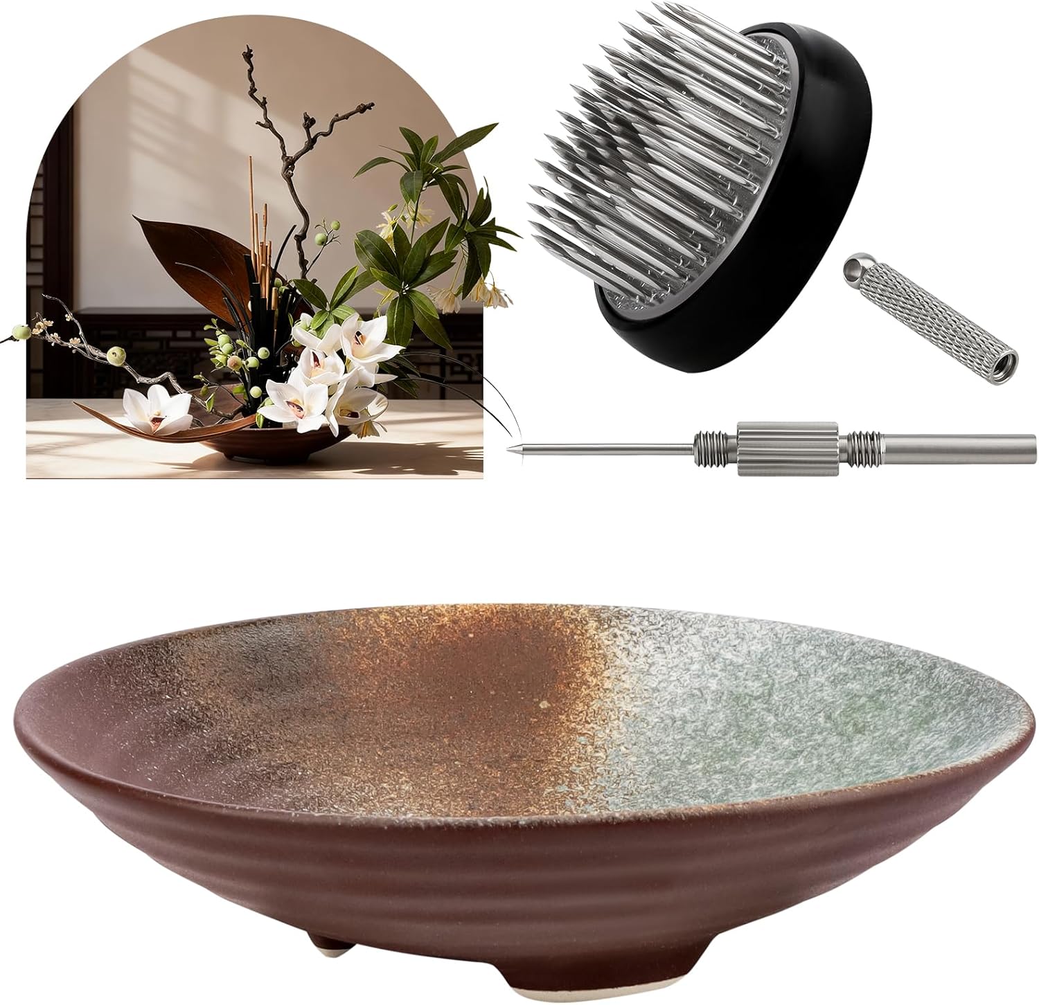 Meiwlong Flower Frog Vase Kit,Japanese Ikebana Flower Arrangement Ceramic Flower Pot Flower Frog Flower Arrangement Vase Kit (Vintage)