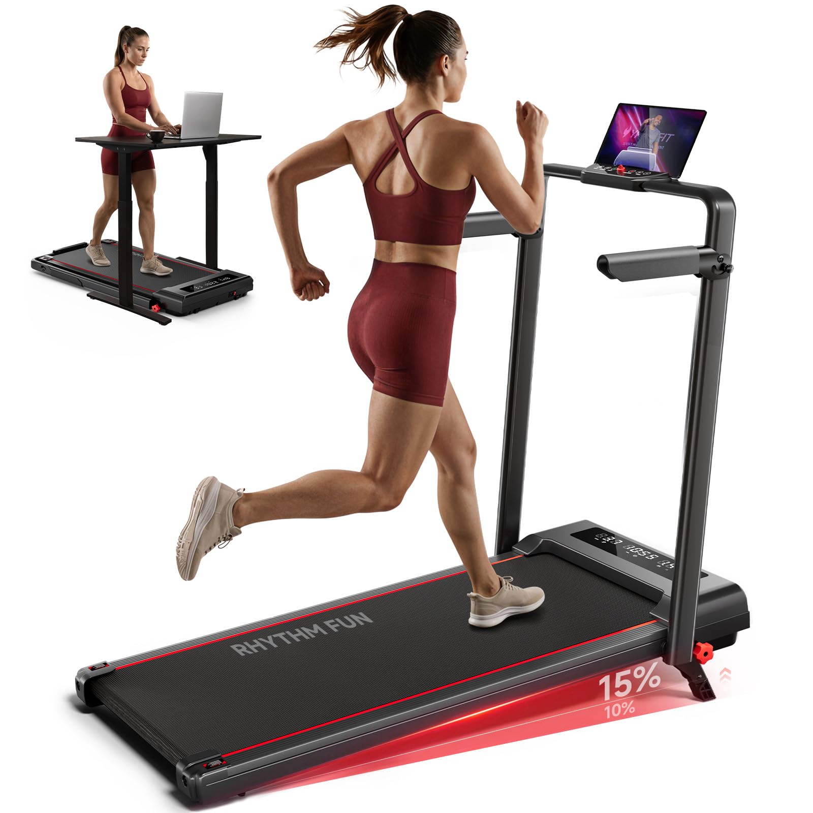 Photo 1 of RHYTHM FUN Treadmill with Incline, Walking Pad with Handle Bar,300lbs Walking Pad with APP, Portable Folding Walking Treadmills for Home/Office with Low Noise