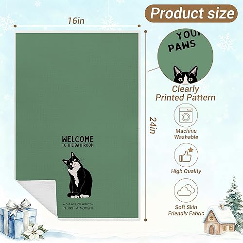 Miniatura 2 de Retro Green Tuxedo Cat Bathroom Hand Towels, Cat Bathroom Decor, Black and White Kitty Kitten Hand Towels for Washroom Restroom, 16x24 Inches Set of