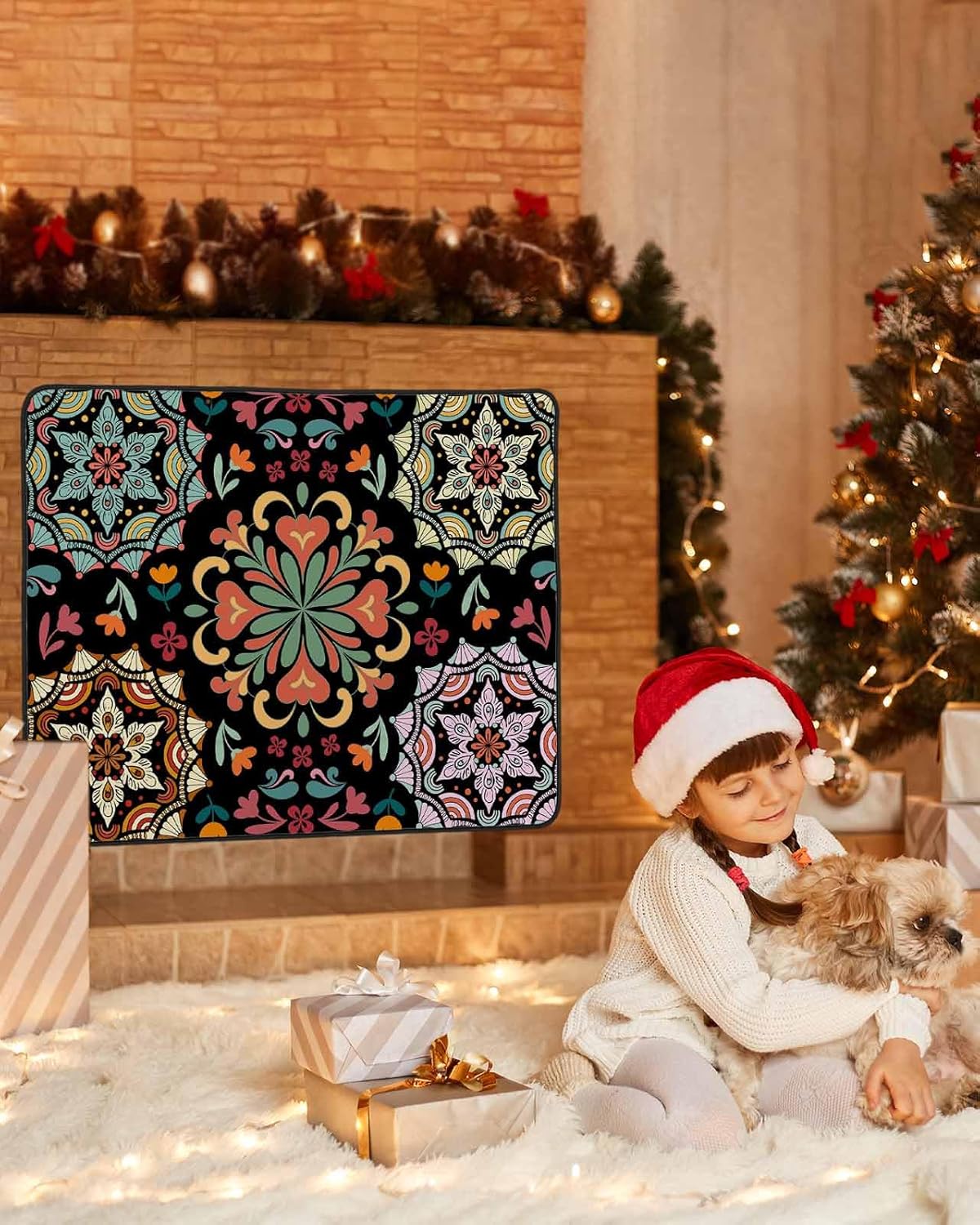 Magnetic Fireplace Cover Black Turkish Pattern Fireplace Screen Decorative Vintage Abstract Flower Insulation Fireplaces Blocker Save Energy Fireplaces Draft Stopper Covers for Living Room 36x30