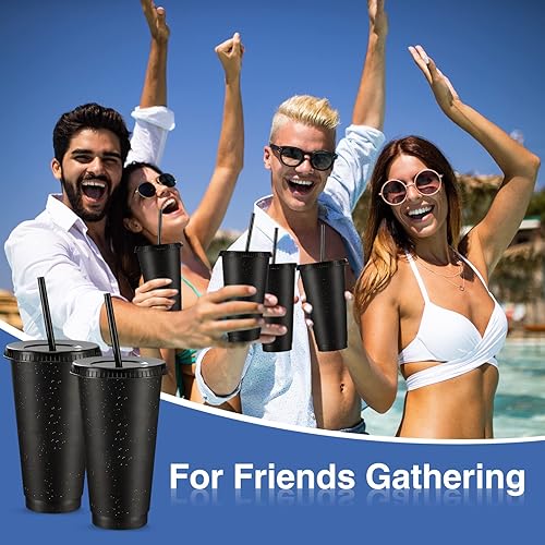 Miniatura 6 de Amyhill 24 vasos reutilizables con tapas y pajitas de 24 onzas con purpurina para café helado, taza de viaje de plástico para jugos de batidos,