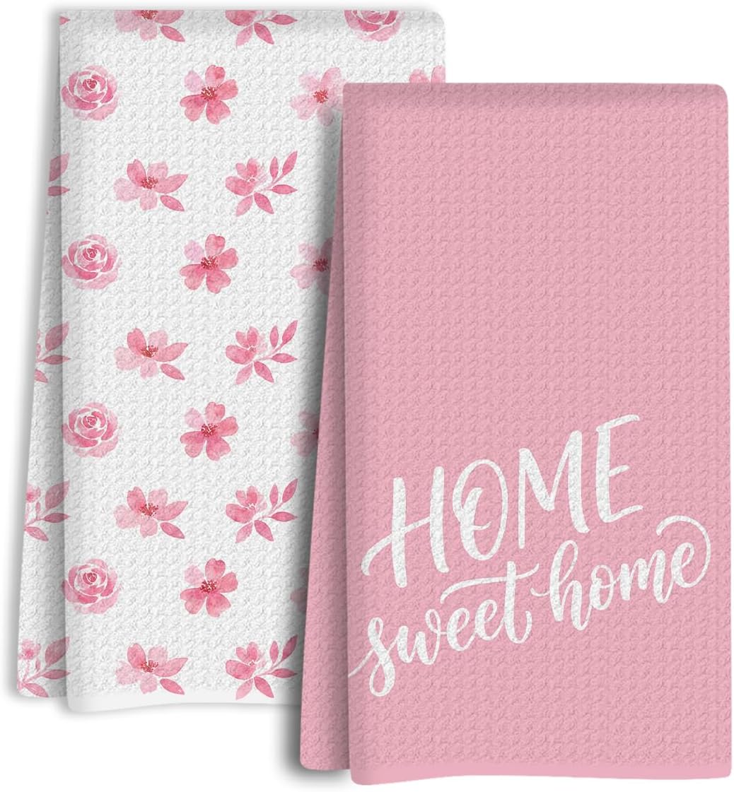Sweet Home Kitchen Towels Set of 2, Dish Towels for Kitchen Soft Absorbent Tea Hand Towel for Home Dining Room Apartment Cooking, Baking, Decorative Pink Watercolor Floral Design, 13.8 x 23.6 Inch