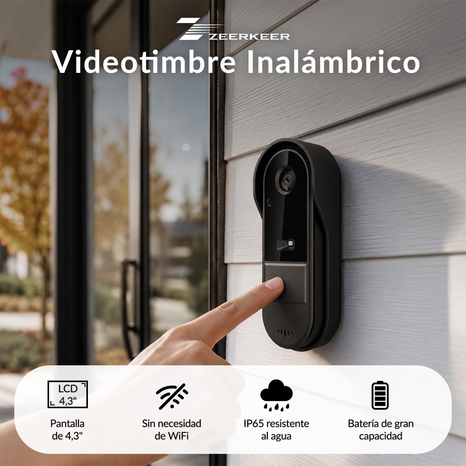 Videoportero Inalámbrico con Pantalla 4,3" Sin WiFi ni App, Timbre con Cámara Exterior IP65 Impermeable para Exterior, Monitor Interior, 135° Gran Angular, Audio Bidireccional y Visión Nocturna