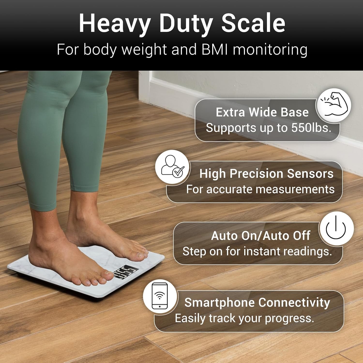 Vive Smart Body Weight Scale (550lbs Capacity) - Heavy Duty Bariatric Digital Scale for BMI - Plus Size, Large Display - Bathroom Device for Health Extra Wide Base & Smartphone Connectivity