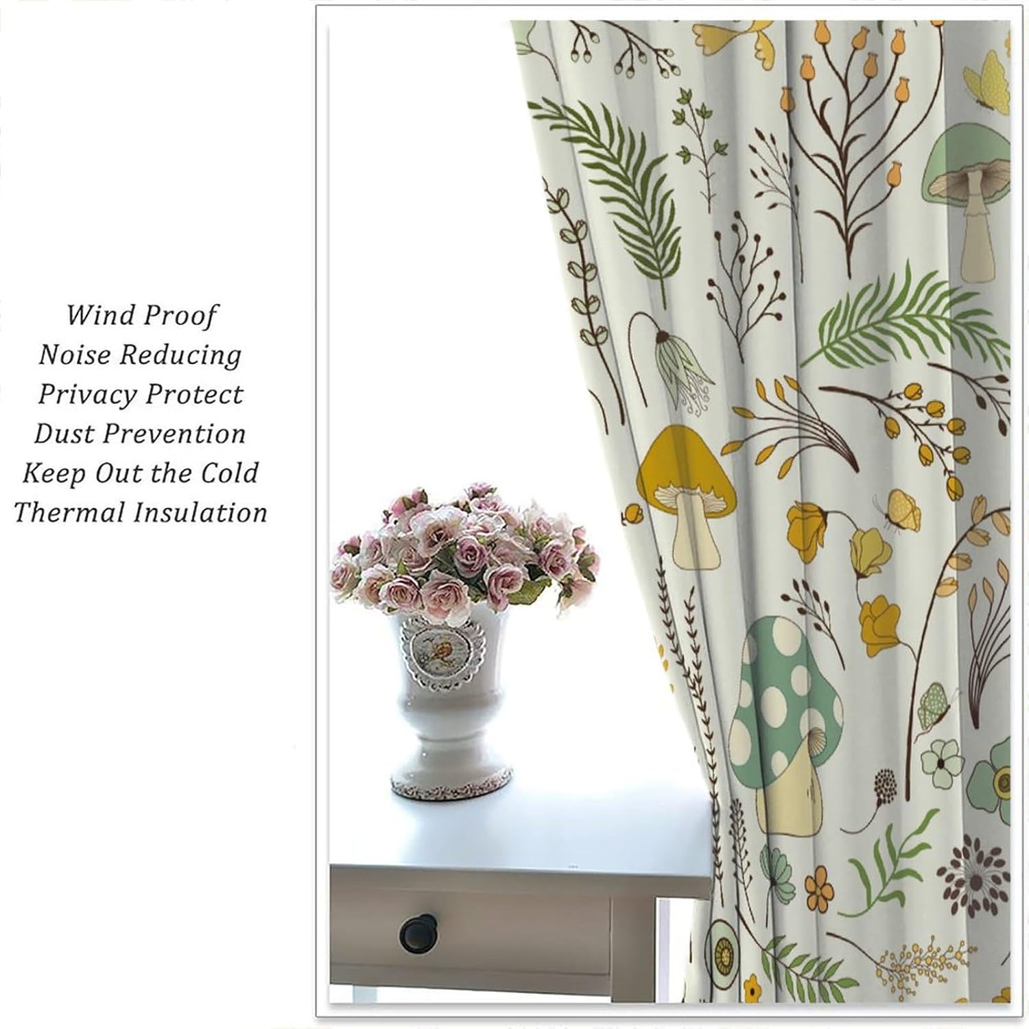 Wild Mushroom Curtains, Vintage Botanical Rustic Retro Wildflower Herbs Plants Green Mushroom Blackout Window Treatments for Living Room Kitchen Bedroom 42x54 Inch