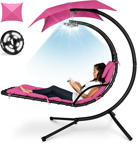 Miniatura 30 de Best Choice Products Tumbona curvada colgante iluminada por LED para patio trasero, patio, césped con 3 ajustes de luz, almohada resistente a