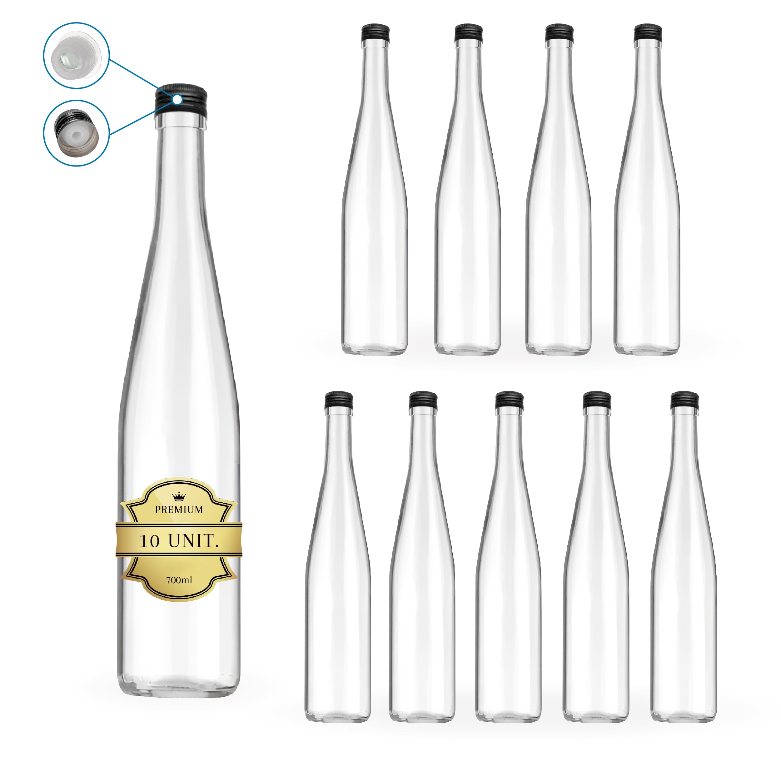 10 bottiglie in vetro da 700 ml con tappo a vite nero con beccuccio, ideali per bevande alcoliche come rum, whiskey, vodka, olio d'oliva, acqua e liquore