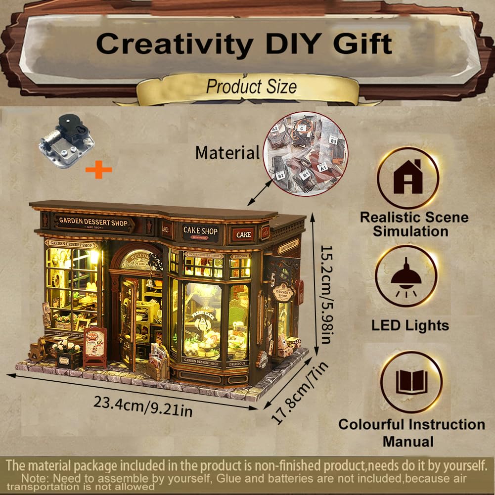 Kit puzzle 3D in legno, fai da te in miniatura casa delle bambole con luci a LED, decorazione da giardino per dessert, scaffale per libri, regalo creativo per adulti e ragazzi