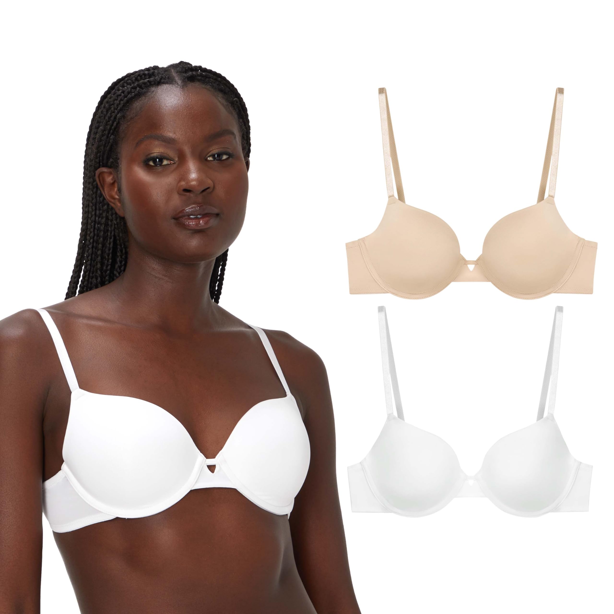 Maidenform Women's, Demi T-Shirt Underwire, Convertible Bra, 2-Pack, Almond/White, 36B (Pack of 2)