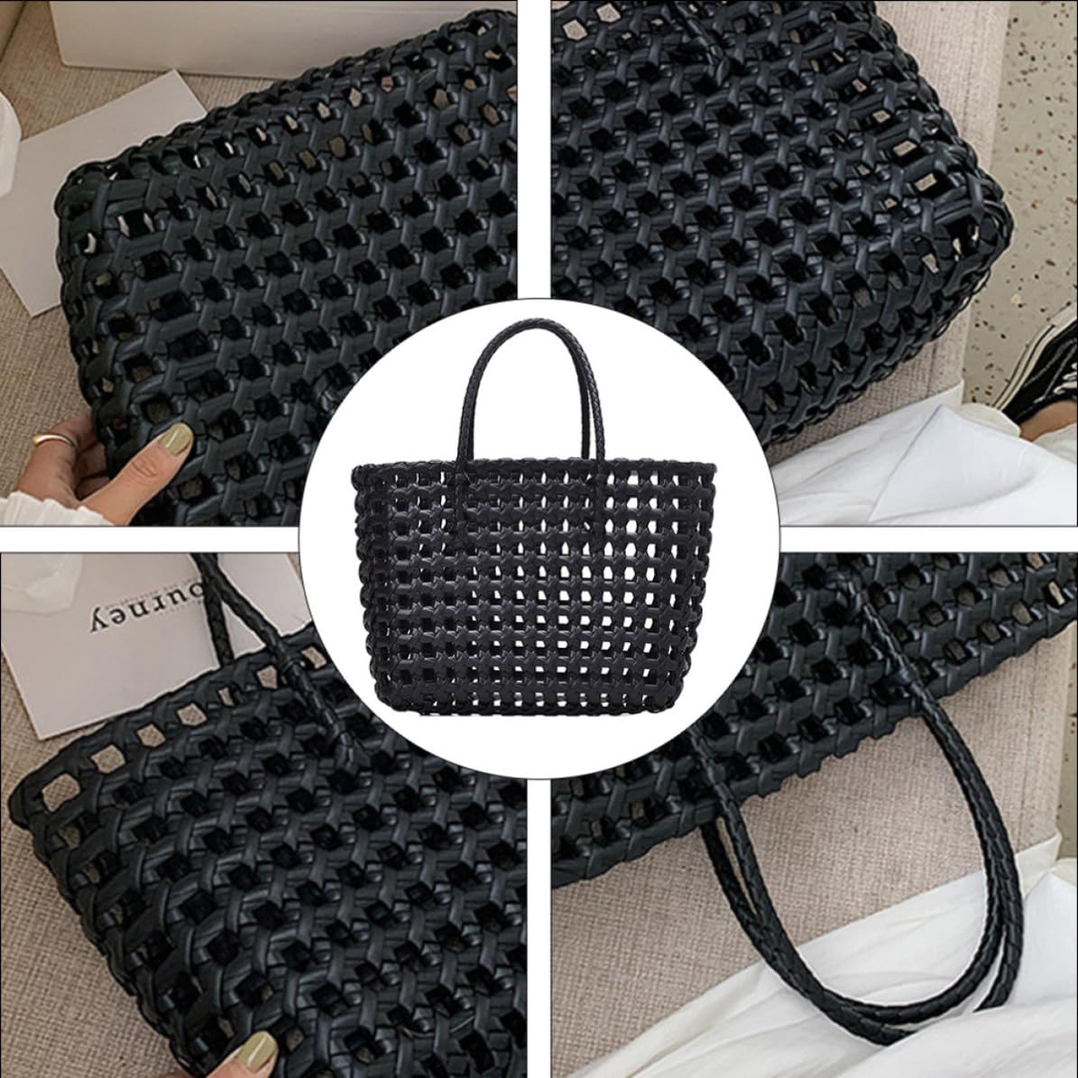 LALAFINA Bolso de Mano de Paja Tejido a Mano, Negro, Diseño Hueco