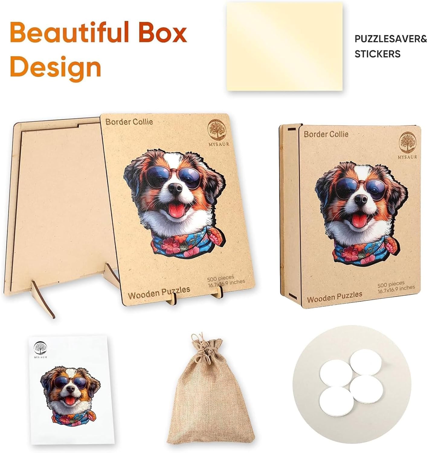 MYS A·U·R Dog Puzzles for Adults 500 Piece, Cool Collie Wooden Puzzles, Cute Puppy Animal Jigsaw Puzzle Creative Birthday Gifts for Kids, Family Game 16.7 * 16.9in