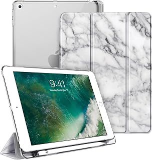 Fintie Case with Built-in Pencil Holder for iPad 6th / 5th Generation - Lightweight SlimShell Cover with Translucent Frosted Back, Supports Auto Wake/Sleep for iPad 9.7 Inch 2018/2017, Marble White
