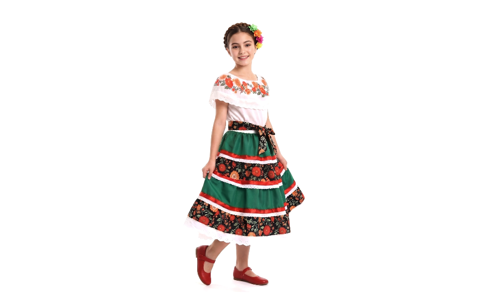 Vestido tradicional mexicano para niñas verde miniatura 7