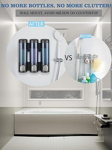 Miniatura 3 de RANKADO - Dispensador de jabón de ducha de lujo, 3 cámaras, sin taladro, dispensador de champú y acondicionador para baño, montado en la pared con