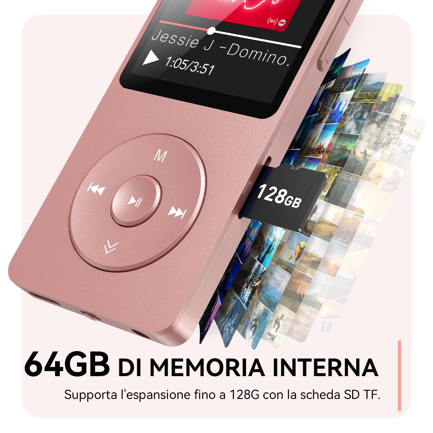 64GB Lettore MP3 Bluetooth 5.3, AGPTEK MP3 Lettore con Altoparlanti Sportivo, Musicale HiFi Lossless Portatile, Radio FM/Registrazione, (Cuffie Non Incluse), Rosa