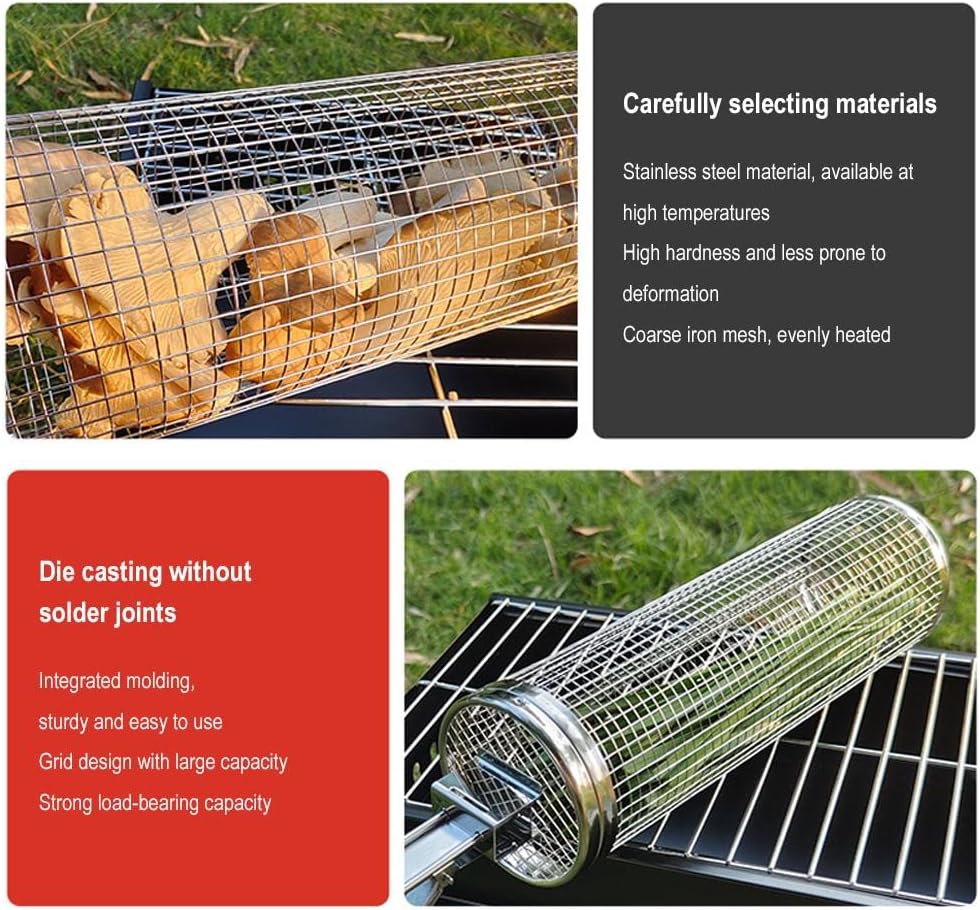 1/2Pcs Rolling Grill Basket, BBQ Grill Basket, Stainless Steel Round Wire Mesh BBQ Tube with Cleaning Brush, Portable Grill Baskets for Vegetables, French Fries, Fish, Versatile BBQ Grill Accessories