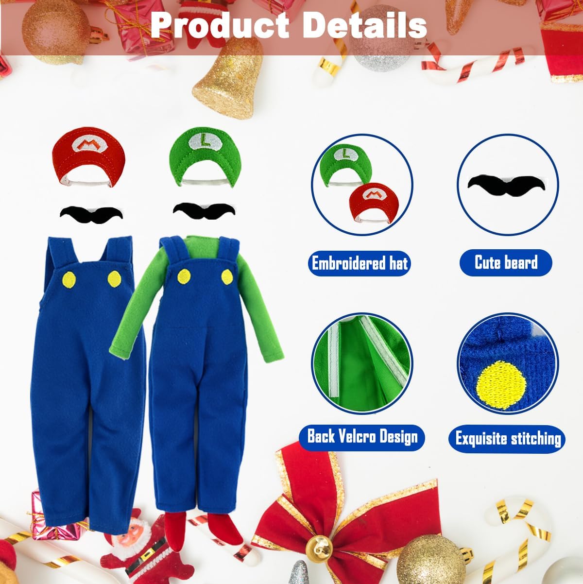 HAEVERAY 7Pcs Super Bros Costume Kit for elf Dolls, Christmas Doll Clothes for Boy Girl, Brothes Elf Outfit with Hats, Overalls, Mustaches for Holiday Decorations Xmas Fun elf Photo Prop Accessories