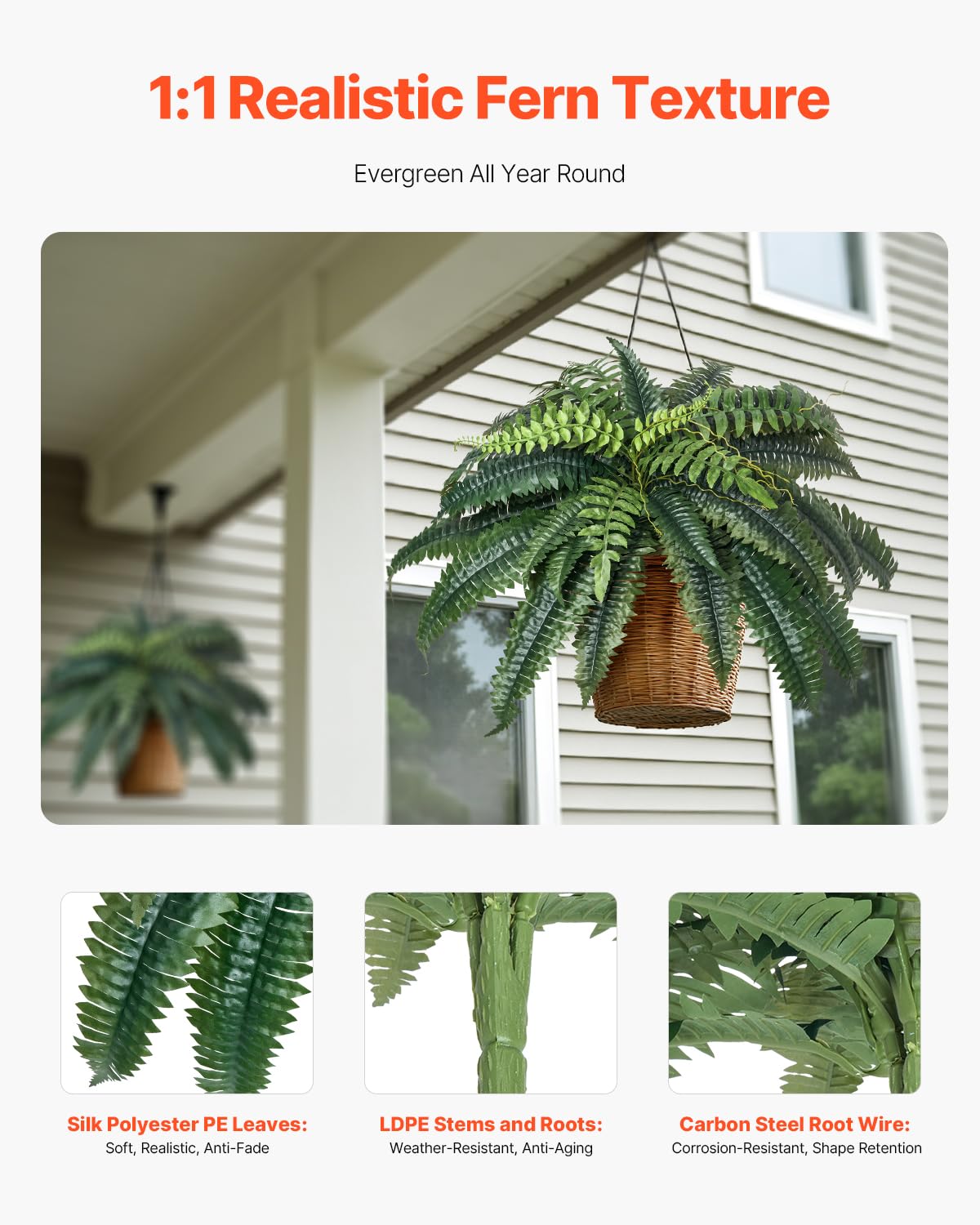 VEVOR Fougère Artificielle Lot de 2, Fausse Fougère de Boston 90-100 cm, Plante Suspendue 35 Feuilles, Décoration Intérieur Extérieur