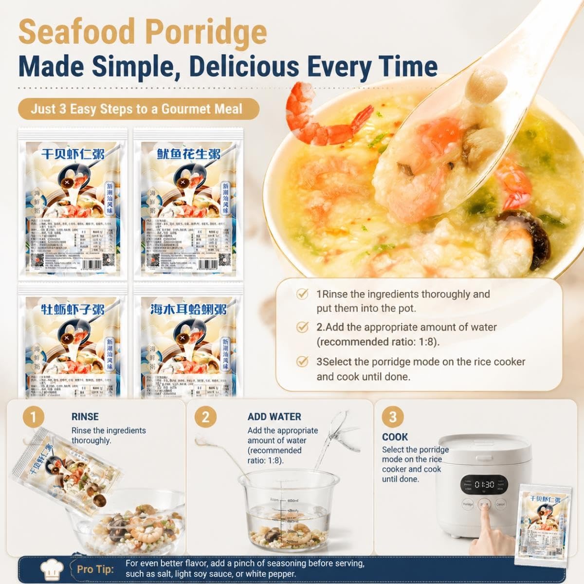 Meeresfrüchte-Congee, Gefriergetrocknete Reismischung,150g*8pcs