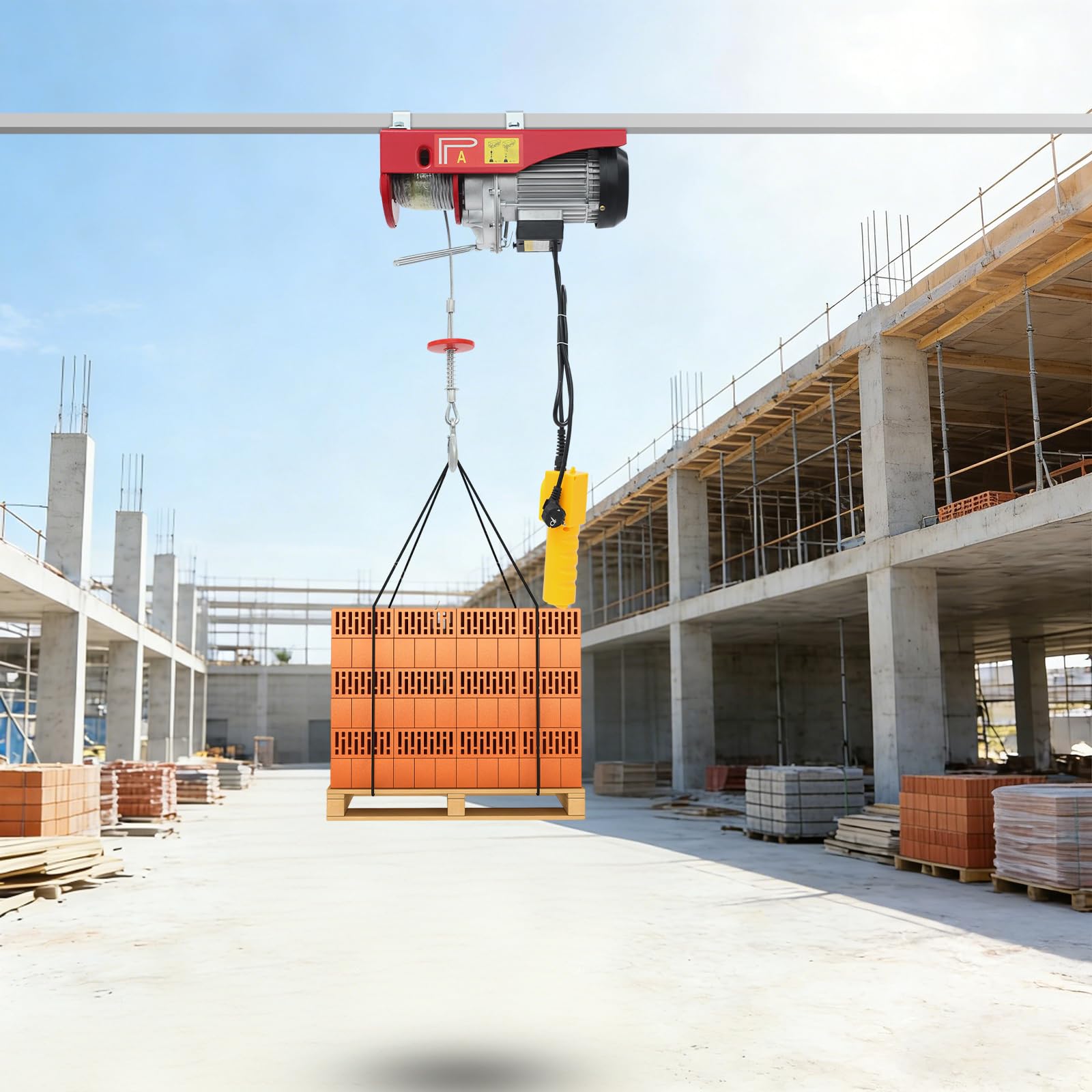 Elektrischer Seilzug Hebezug 1300W, 400 kg (einsträngig) / 800 kg (zweisträngig), elektrische Seilwinde mit kabelgebundener Handsteuerung, stabiler Stahlseil-Flaschenzug für Industrie, Lager, Garage