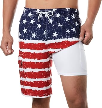 BRISIRA Mens Swim Trunks Bathing Suit 9 Inch Inseam Compression Liner Beach Long Board Shorts Swimsuit Anti-Chafe Quick Dry