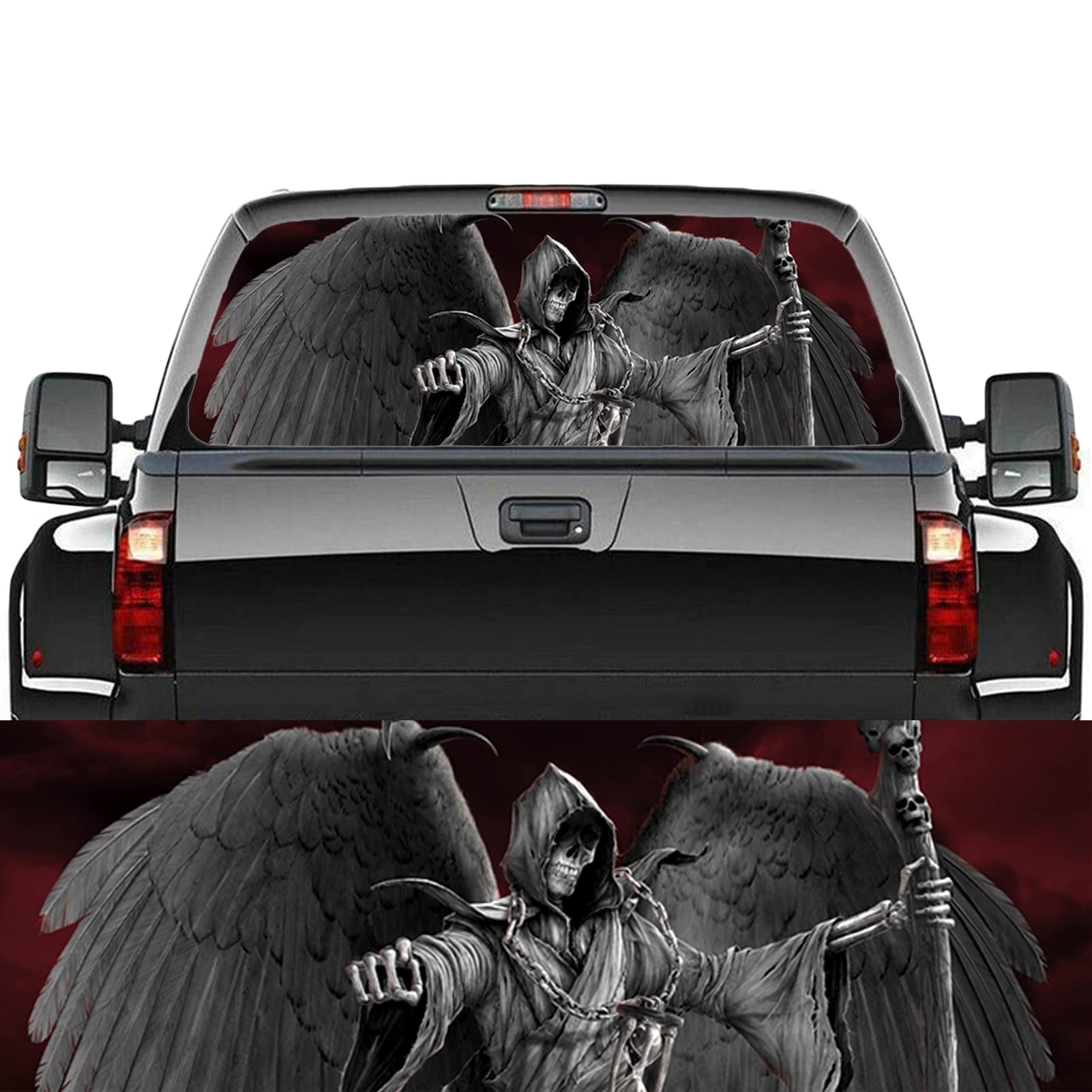 CUSENA Truck Rear Window Decal Grim Reaper Perforated Vinyl Sticker, Car Back Window Sticker, Reapers Panel Decals Truck SUV Van, Universal Scratch Hidden Car Stickers,53x14 inch