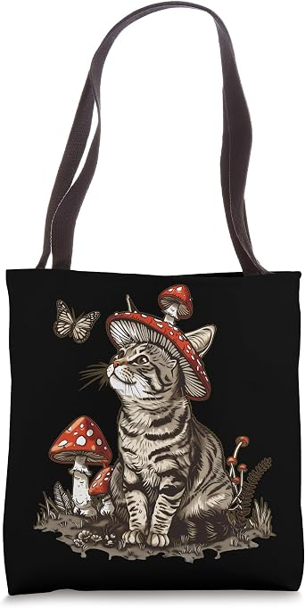 Tabby Cat Gray Cat Cottagecore Aesthetic Mushroom Hat Tote Bag