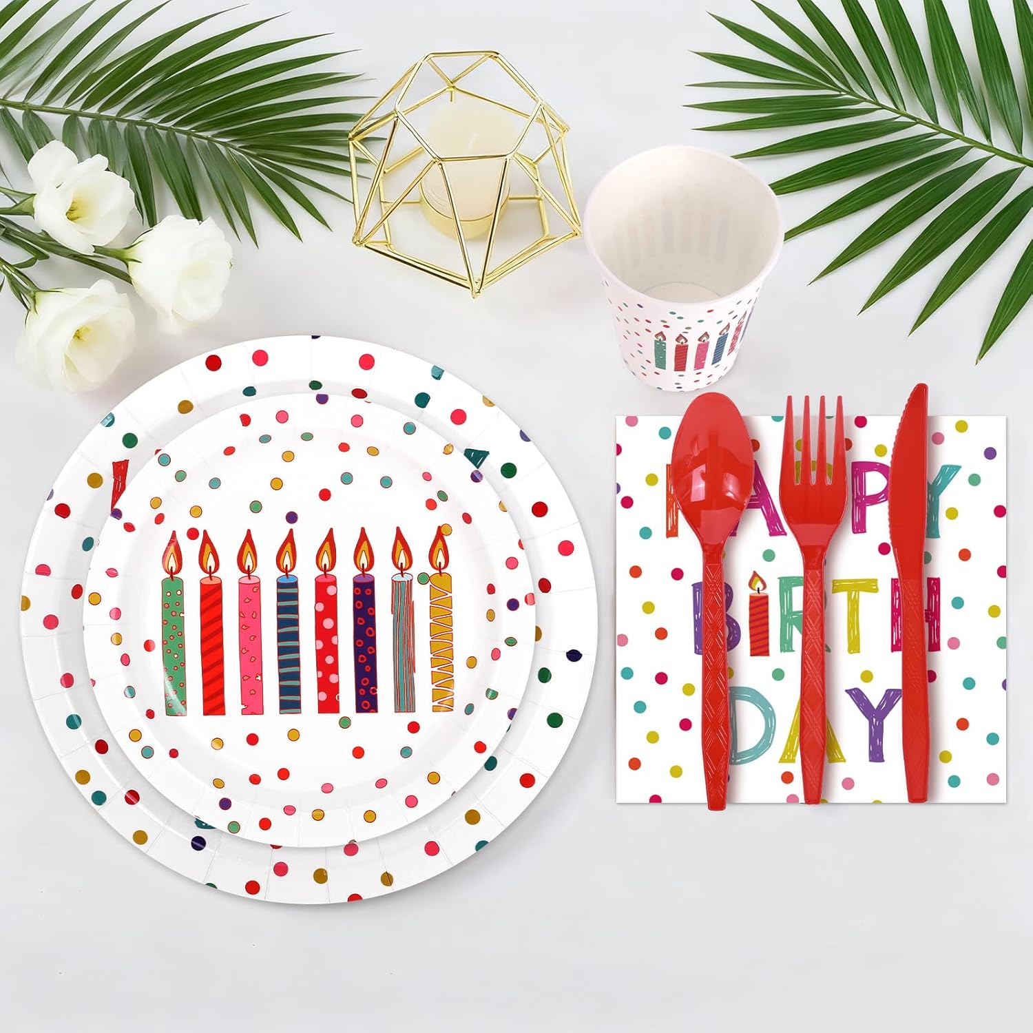 203 Pcs Happy Birthday Decorations: Party Supplies Set with Dots Design- Includes Disposable Paper Birthday Plates and Napkins, Cups, Tablecloth, and Banner for Boys/Girls, Serves 25 - Image 5