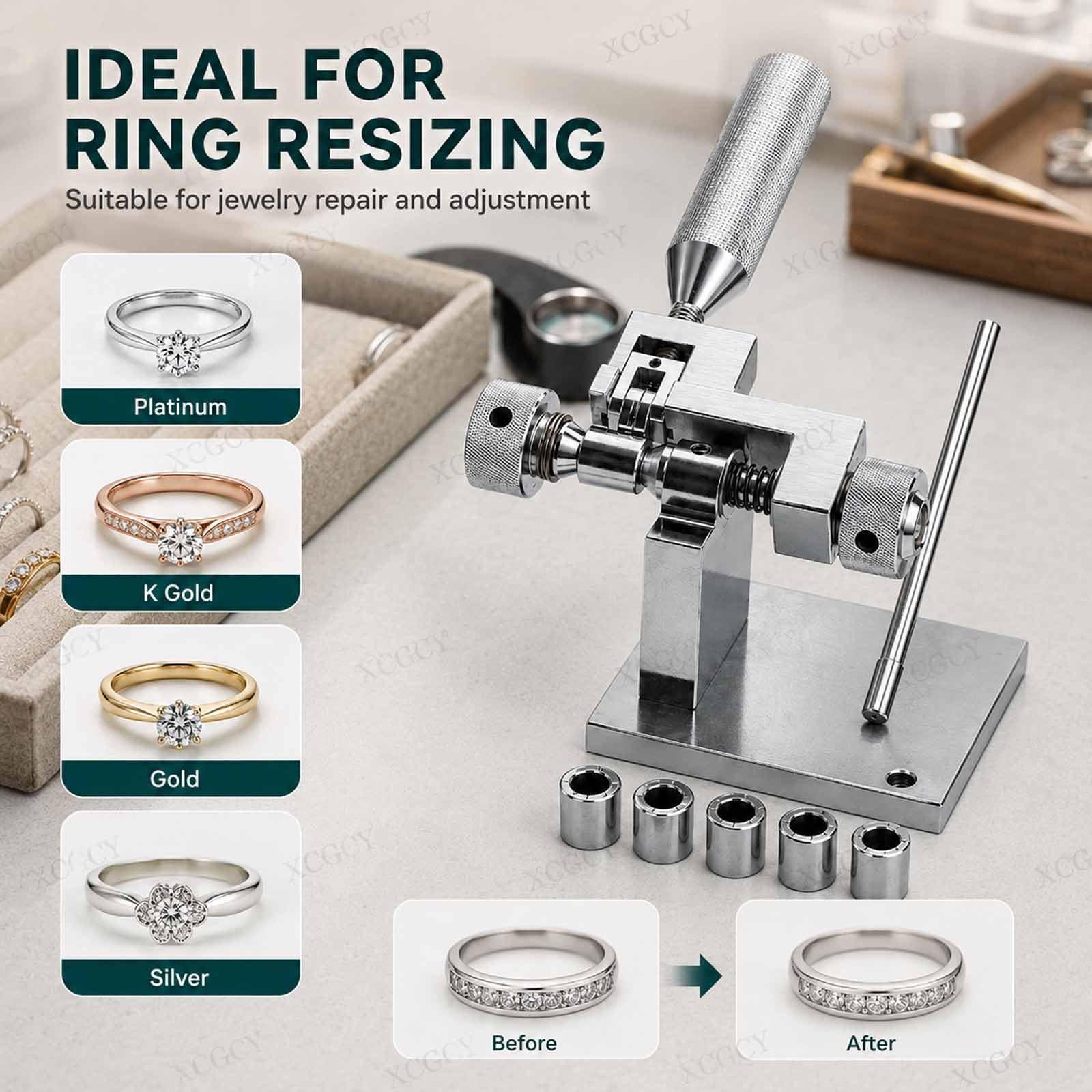 Expansor De Banda Manual con Orificios De Montaje, Reductor De Tamaño De Banda con 6 Adaptadores, Troqueles Intercambiables, Mango Antideslizante para Reparación De Joyas Y Anillos