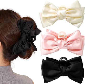 3 PCS Large Bow Hair Claw Clips, 5.9 Inch Elegant Satin Ribbon Design for Women with Long Thick Hair in Black, White, and Pink