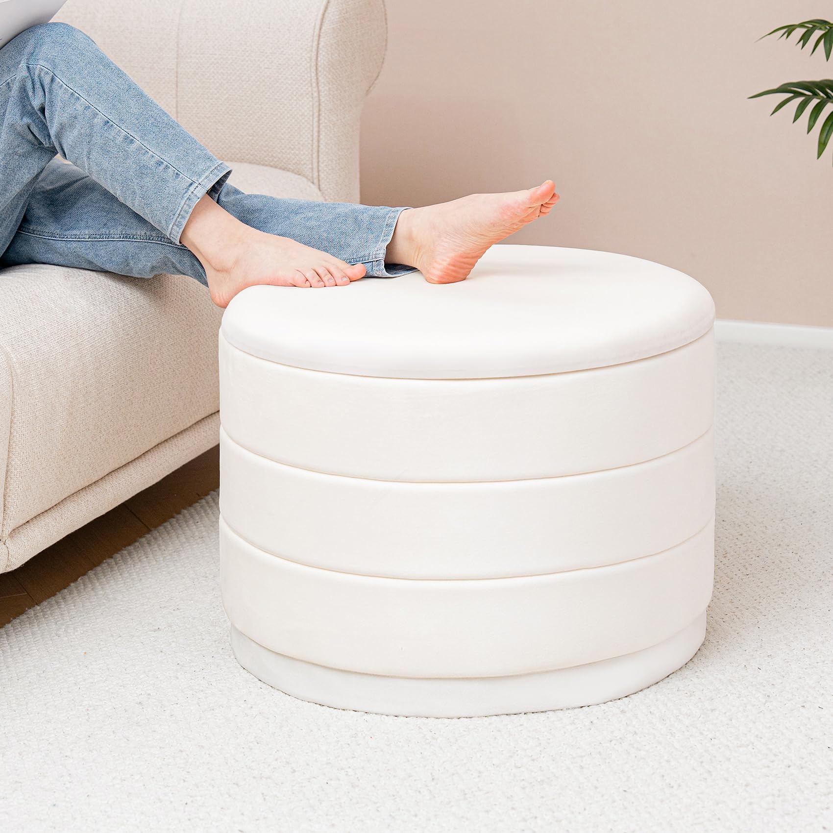 Bonlife Ottoman Rond avec Couvercle,Repose-Pieds Pliable avec Table,Repose-Pieds pour Salon, Chambre à Coucher, Couloir, Velours Blanc, 58 x 58 x 44 cm