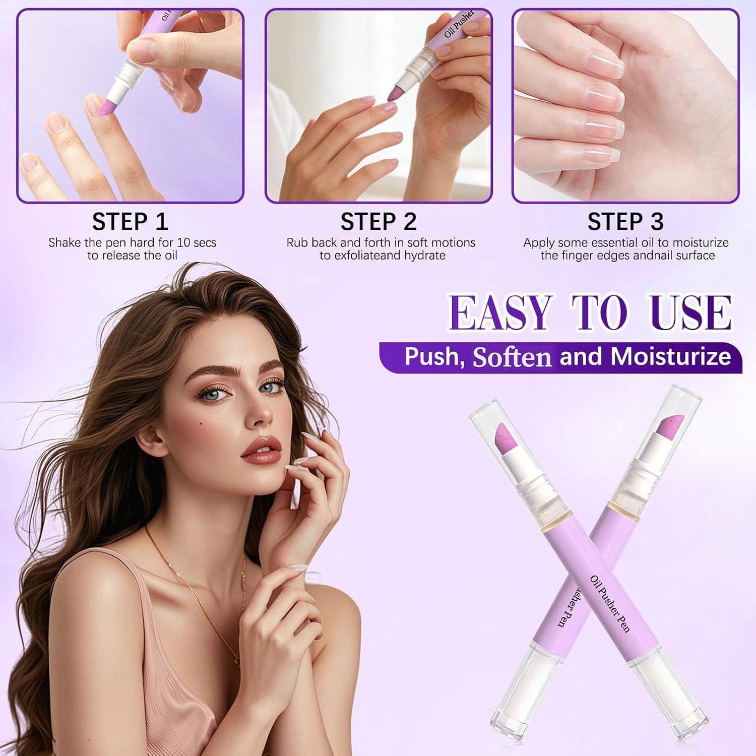 Cuticle Oil Pusher Pen, 2-in-1 Nail Cuticle Applicator, Moisturizing Formula with Lavender Fragrance, 3 Pack
