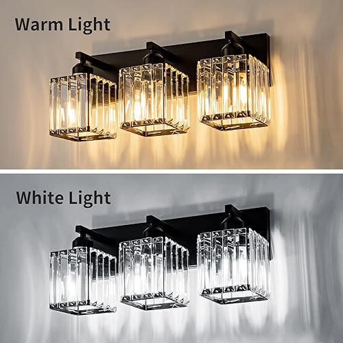 Miniatura 5 de Lámpara negra para tocador de baño, 3 luces, lámpara de pared de baño de cristal, luz moderna sobre espejo (excluye la bombilla)