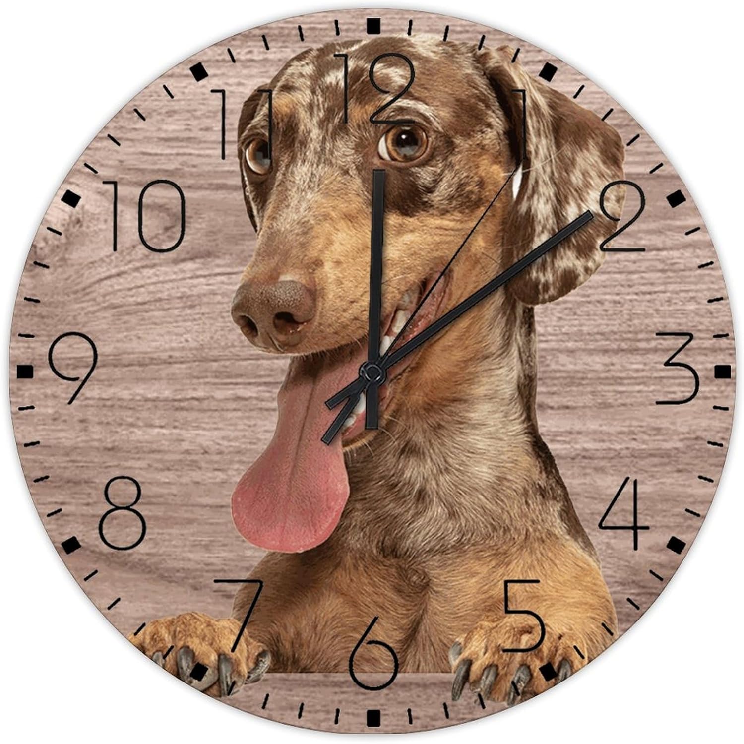 Minimalist Wood Clock Analog Round Non-Ticking Dachshund Dog Decorative Wall Clocks Colorful Animal Pictures Wall Decor for Restroom Office Conference Room 15 Inch