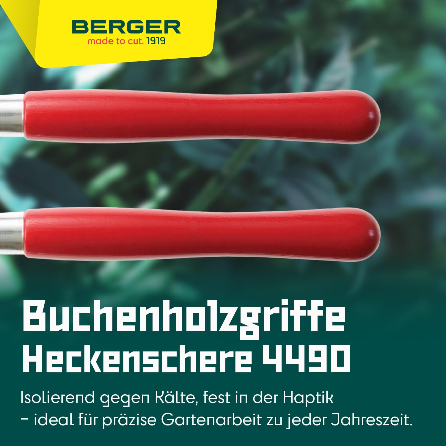 BERGER Heckenschere 4490 mit Buchenholzgriffen | Heckenschere manuell mit 24 cm Schnittlänge | Gerade Klingen & Anschlagdämpfer | Handheckenschere mit 2 Saftrillen | Astabschneider | Made in Germany