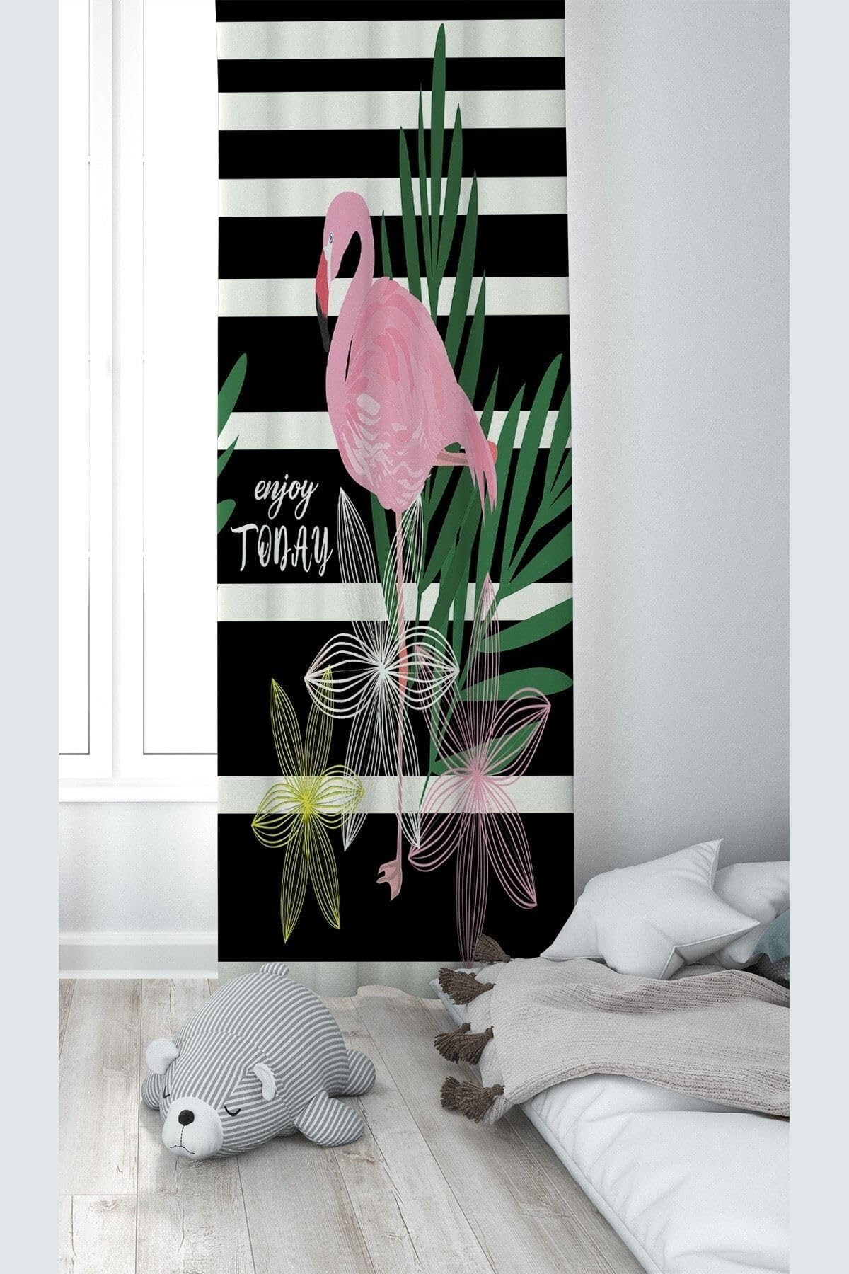 Pelangi Siyah Beyaz Filamingo Desenli Dijital Baskı Yıkanabilir Bebek Çocuk Odası Fon Perdesi, pembe-siyah 140 x 200