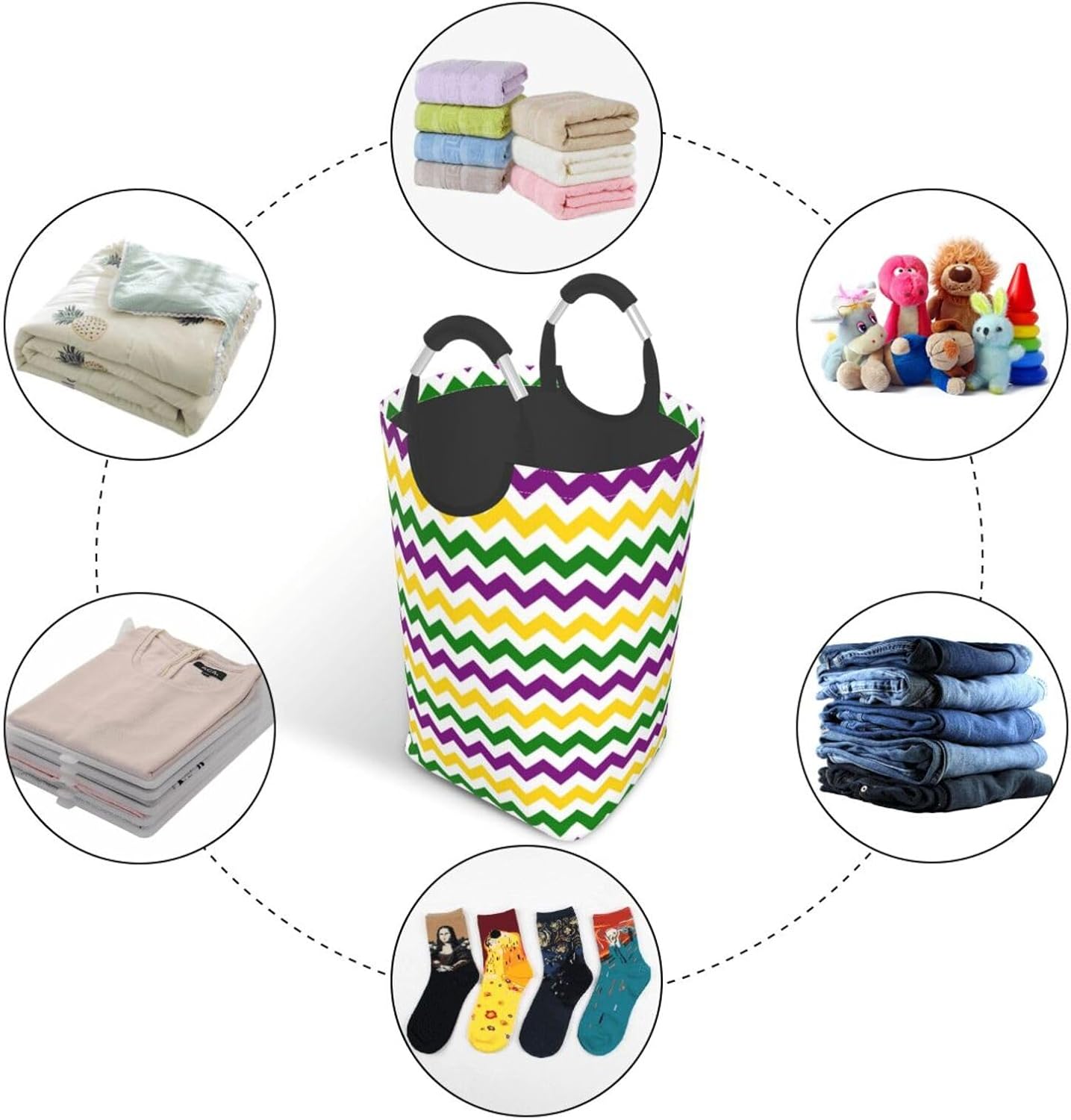 Large Laundry Basket, Chevron Pattern Purple Yellow Green Laundry Hamper Bag Collapsible Washing Bin With Handles for College Dorm, Family Essentials Storage