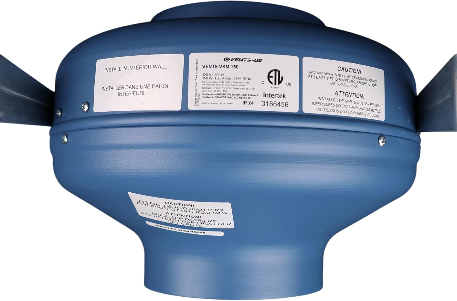 VENTS-US VKM 150 Metal Inline Duct Fan, top view этикеткалар менен