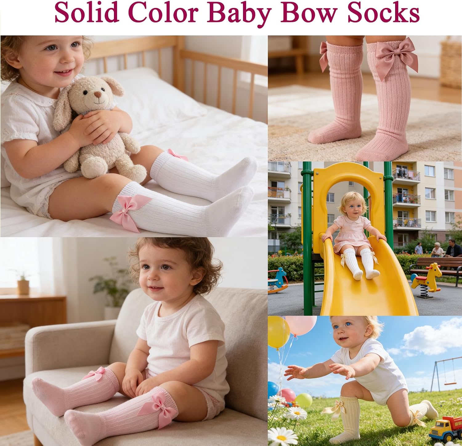 6 Pairs Baby Girl Knee High Socks Cotton Long Socks with Bow for Preemie Newborn Infant Toddler Girls Dress Stockings