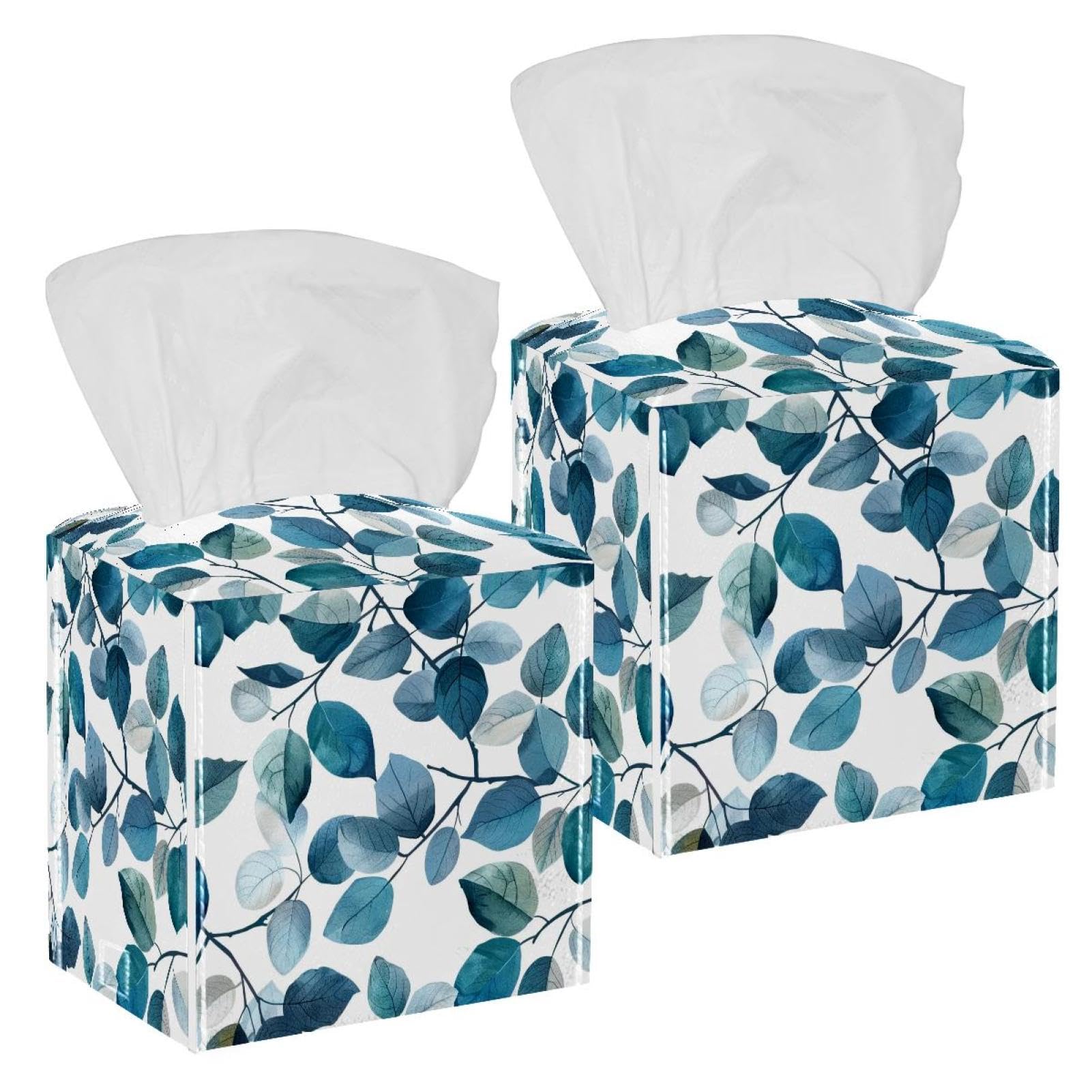 Artistic Leaves Tissue Box Cover, 2 Pack PU Leather Square Facial Tissue Dispenser Box holder for Home Office Car